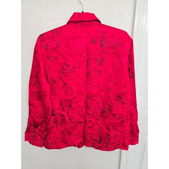 Chico's Linen Silk Blend Shirt Size 1 M Red Black Artsy Funky People Button Down - Picture 2 of 11